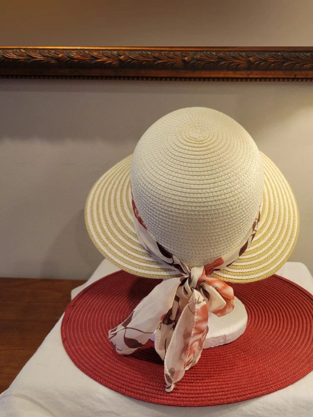 👒EUC~ Straw Sun Hat with Floral Scarf Band